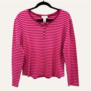 Vintage Talbots Cotton Henley Pink Striped Top Size M Long Sleeve